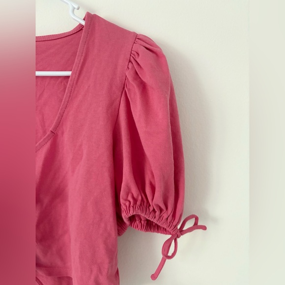 Free People NEW Kitty Cotton Front Tie Puff Sleeve Crop Top in Velvet Rose XS - Picture 6 of 10